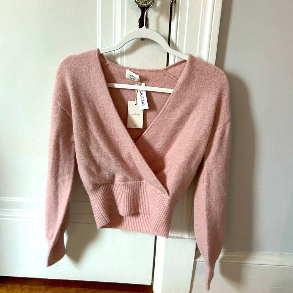 Wilfred (Aritzia) Wrap V-Neck Bow Pink Sweater